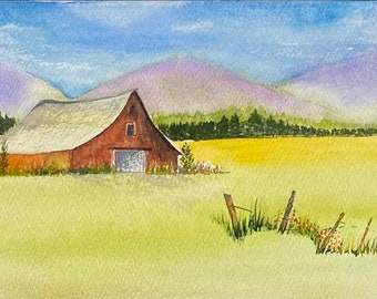 Red Barn in Summer fields Handmade Watercolour Cards