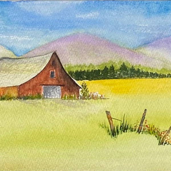 Red Barn in Summer fields Handmade Watercolour Cards