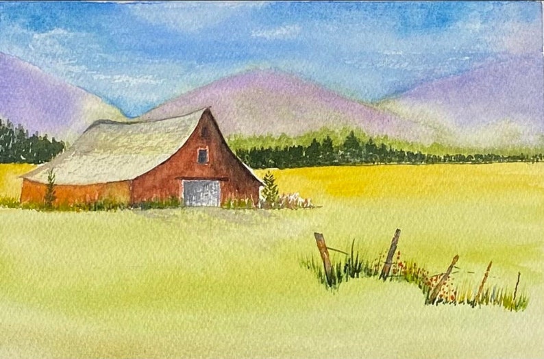 Red Barn in Summer fields Handmade Watercolour Cards imagem 1