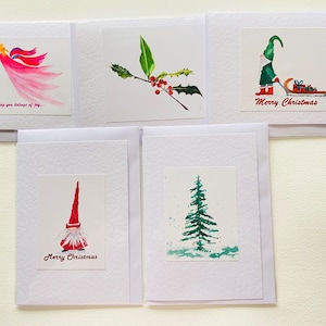 Handmade Watercolour Christmas cards - A multi pack of five cards - Christmas Angel - Holly - Christmas Tree - Gnome with Gift - Red Gnome -