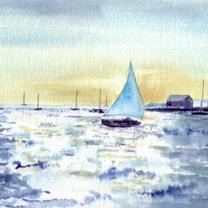 Boat Art - a Sailing Boat on a Shimmering Sea -  Handmade Watercolour Seascape Cards - perfect for your favourite sailor