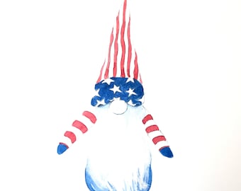 Stars & Stripes Gnome - Gonk rouge, blanc et bleu - Carte aquarelle patriotique des États-Unis faite main