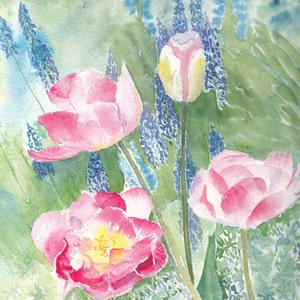 Pink Tulips and Blue Grape Hyacinths - handmade watercolour greeting cards - A lovely Mother’s Day gift idea - or Spring birthday card