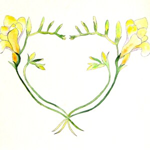 May include: Watercolor painting of yellow freesia flowers arranged in a heart shape. The flowers have delicate yellow petals and green stems and leaves. The artwork is set against a white background.