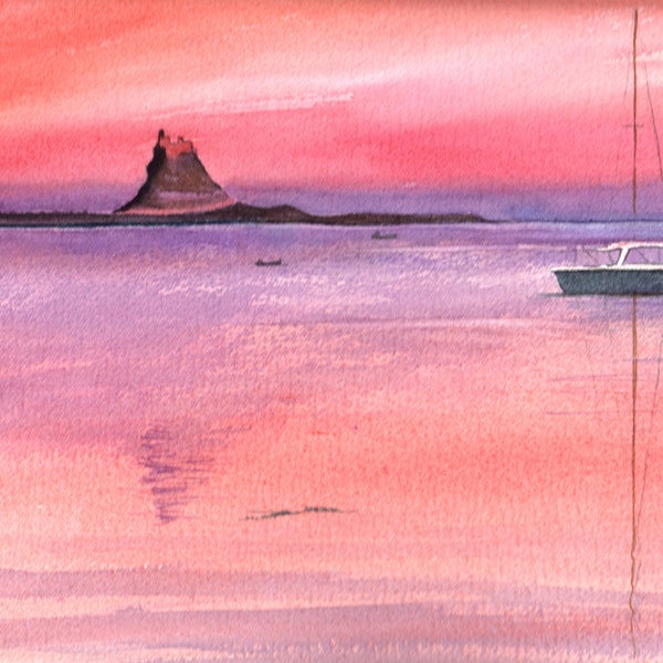 Holy Island at Sunset, Lindisfarne Original Watercolor Painting, Seascape Home Decor, Sailboat Wall Art,