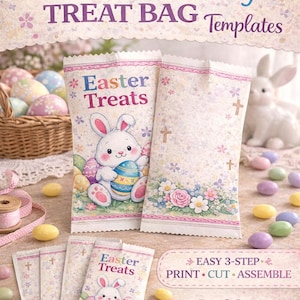 May include: Printable Easter Bunny Treat Bag Templates. The image shows treat bags with a bunny holding an Easter egg, surrounded by colorful eggs and candies. The text reads "Easter Treats".