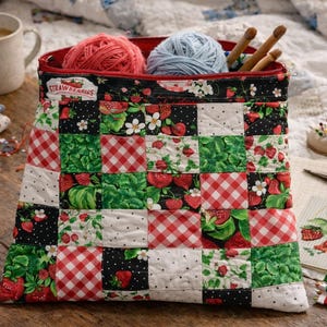 Handmade Quilted Project Bag for Cross Stitch & Embroidery | Strawberry Patchwork Zipper Pouch