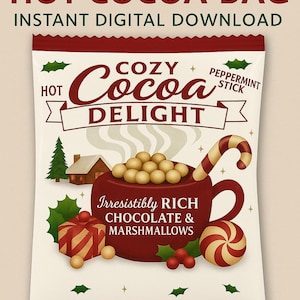 Peut inclure: Conception d'un sac de chocolat chaud imprimable avec un thème chaleureux. Le sac présente une tasse rouge remplie de chocolat et de guimauves, une canne en bonbon et le texte "Cozy Cocoa Delight".