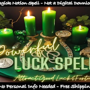 May include: A green wooden board with a variety of green candles, gold coins, and crystals. The text "Powerful Luck Spell" is written in yellow on the board. The text "Attract Good Luck & Fortune" is written in yellow below the board. The text "No Personal Info Needed - Free Shipping!" is written in yellow at the bottom of the image.