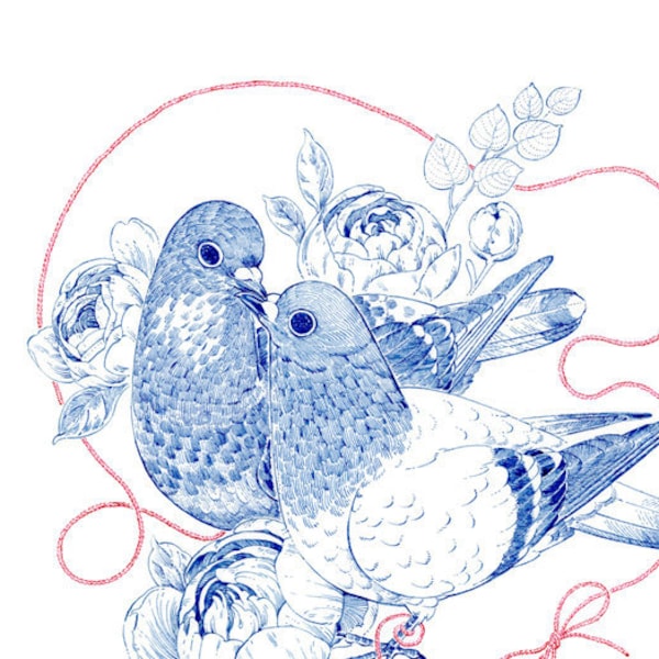 Art Print - "Two Hearts of a Feather" - 8x10 rock pigeon peonies valentine nature illustration