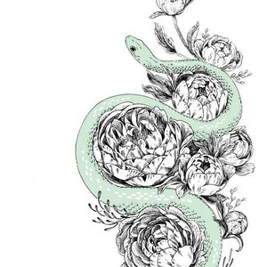 Art Print Snek & Peonies 6x8 snake serpent flowers nature illustration image 1