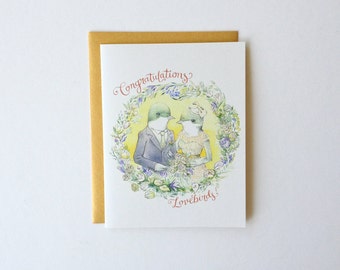 Wedding / Engagement / Anniversary Card - "Congratulations Lovebirds!" - romantic vintage mr. mrs. bird