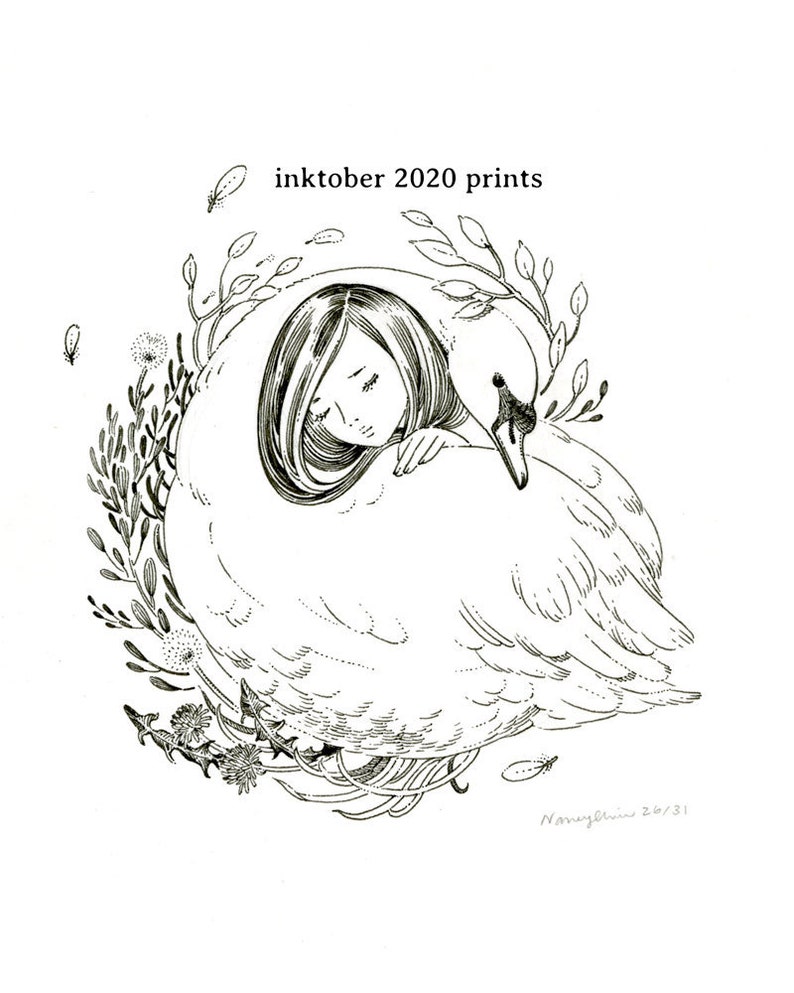 Kunstdruck Inktober 2020 4 x 6 oder 5 x 7 Taube niedlichen Vogel Illustration Bild 1