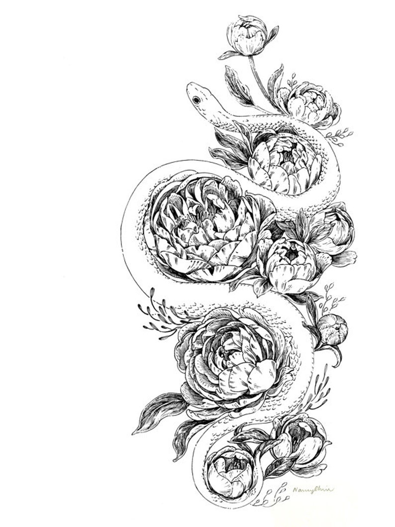 Art Print Snek & Peonies 6x8 snake serpent flowers nature illustration image 3