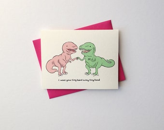 Love / Anniversary / Friendship Card - &quot;Tiny Hand-in-Hand&quot; - cute t-rex dinosaur romance for him her