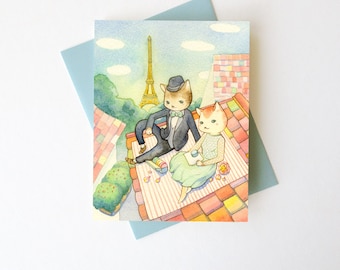 Love / Anniversary Card  - "Kitties in Paris" - romantic animal love