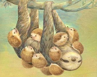 Art Print - "Sloth Covered With Hedgehogs" - 8x10 hedgehog illustration, sloth illustration