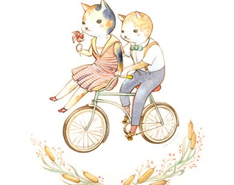 Art Print - "Wheels of Love" - 5x7, 8x10 Kitties on Bike