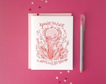 Love / Anniversary / Friendship Card - "Carnivorous Valentine" - funny creepy cute pitcher plant romance for him her