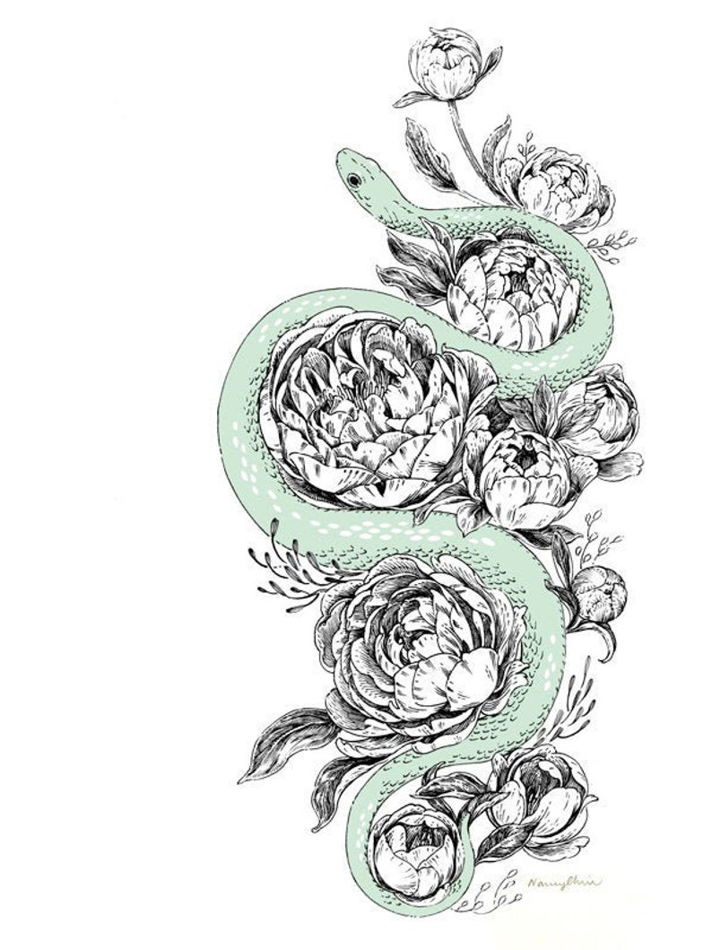 Art Print Snek & Peonies 6x8 snake serpent flowers nature illustration image 1