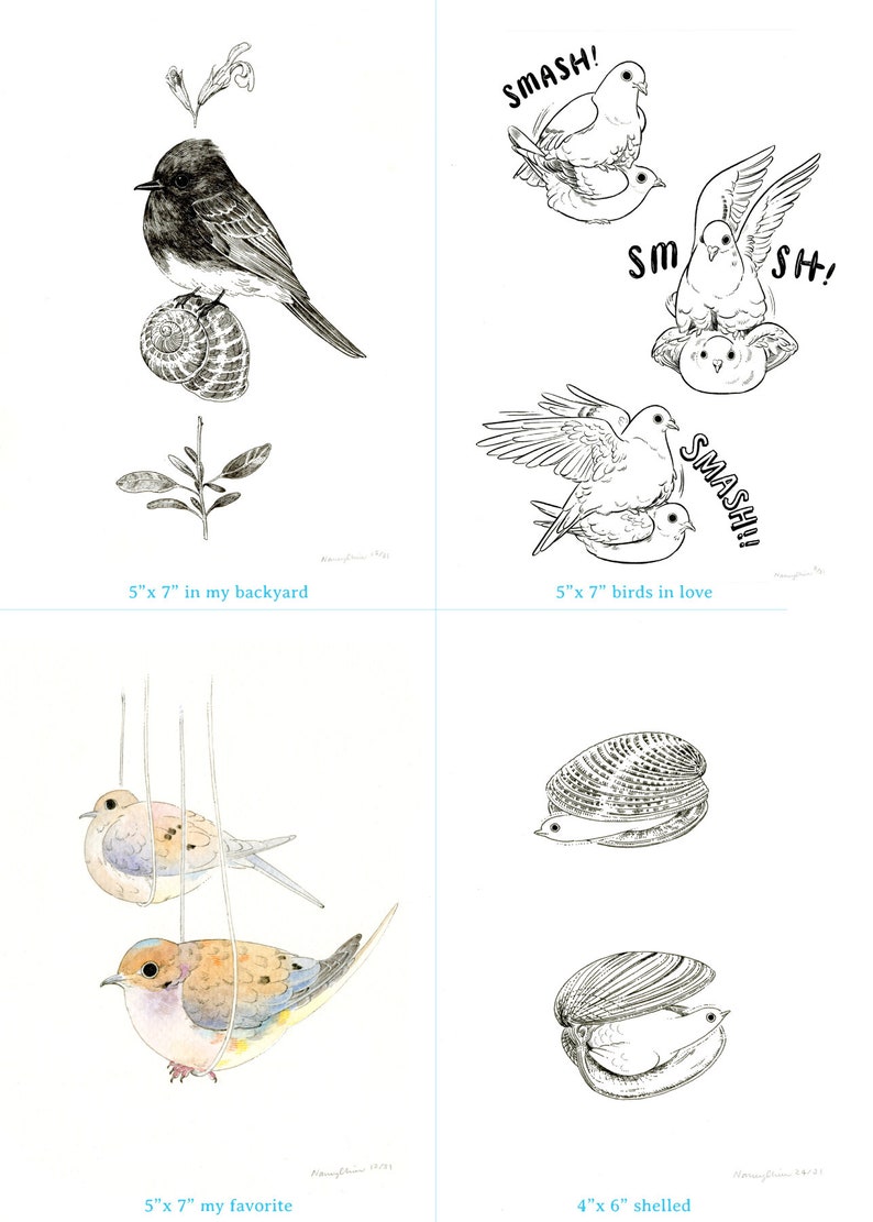 Kunstdruck Inktober 2020 4 x 6 oder 5 x 7 Taube niedlichen Vogel Illustration Bild 3