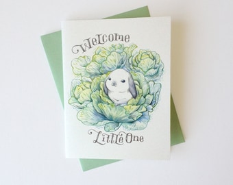 New Baby Card - "Welcome Little One!" - congratulations new born cabbage bunny