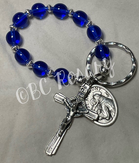Cobalt Blue Czech Glass Rosary Keychain