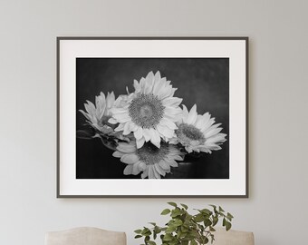 Black & White Sunflower Wall Art Print or Canvas. Floral Dining Room Wall Art. Neutral Nature Photography. Flower Wall Art Decor for Her.