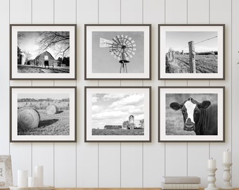 Farmhouse Print Set, Farm Photography, Rustic Barn Pictures, Farmhouse Decor, Barn Wall Art, Farm Landscape, Hay Bales, Cow, Canvas Set