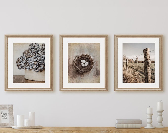 Beige Country Wall Art Decor, Set of 3, Blue Gray Farm Photography Prints, Rustic Home Decor, Canvas, Wood and Metal Prints Available