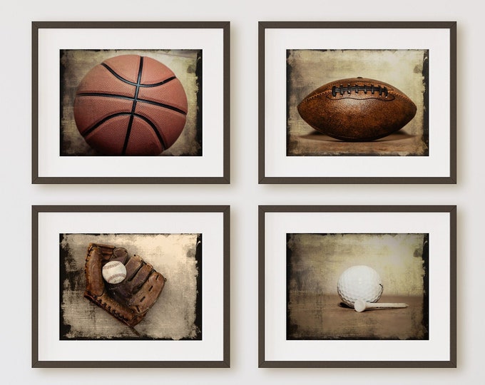 Sports Wall Art Prints or Canvas Decor. Vintage Baseball, Football, Basketball & Golf Wall Art for Boys Room or Man Cave Rustic Wall Decor.