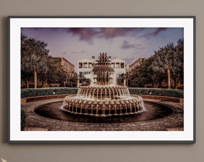 Moody Fountain Wall Art Print or Canvas Print. Charleston Pineapple Fountain Night Photography Print. Taupe & Gold Rustic Modern Wall Decor.