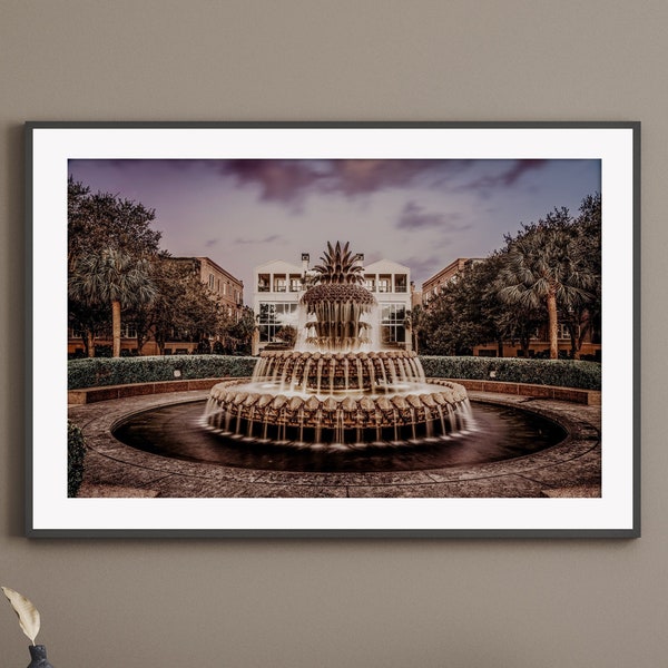 Moody Fountain Wall Art Print or Canvas Print. Charleston Pineapple Fountain Night Photography Print. Taupe & Gold Rustic Modern Wall Decor.