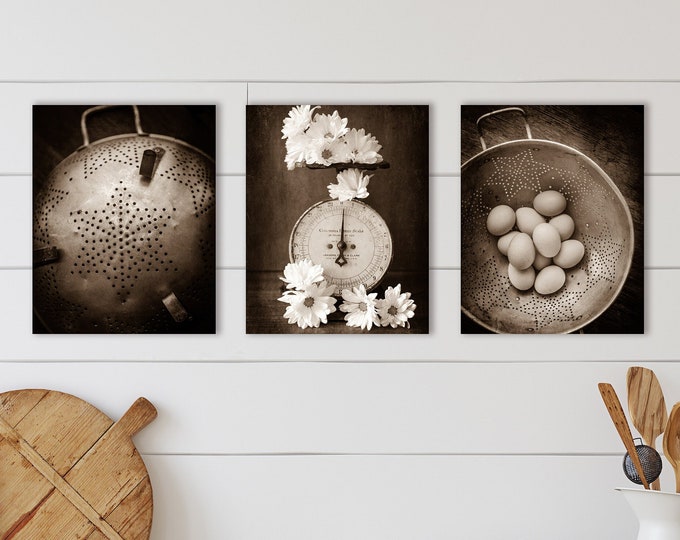 Sepia Kitchen Wall Art Decor, Dining Room Wall Art, Rustic Farmhouse Kitchen Art Prints or Canvas Wall Art. Sepia Print Set of 3.