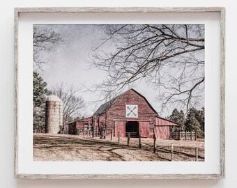 Barn Landscape Wall Art Print or Canvas for Modern Farmhouse Decor. Red Barn & Silo Landscape Photography. Rustic Modern Barn Print.