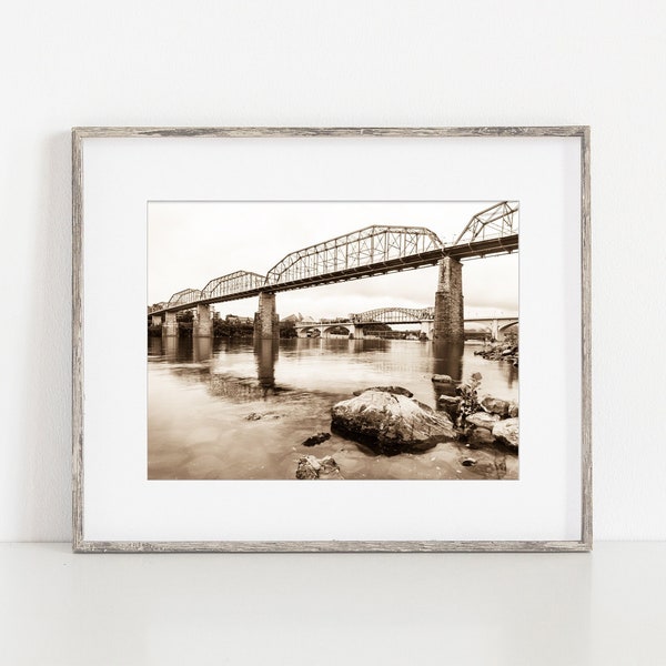 Chattanooga Photography Print, Tennessee River, Walnut Street Bridge, Large Canvas Art, Black & White or Sepia, Framed Print Available