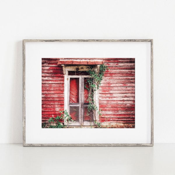 Rustic Red Barn Door Wall Art Decor. Rustic Farmhouse Primitive Decor Print or Canvas. Country Barn Door with Ivy Wall Art for Living Room.