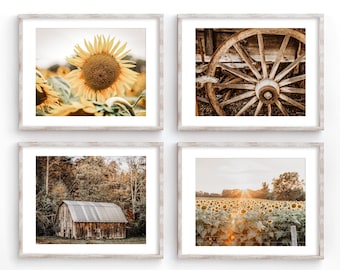 Autumn Barn Landscape Farmhouse Wall Art Decor Photography Prints. Gold & Brown Country Sunflower Canvas Wall Art for Rustic Home Decor.