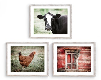 Primitive Farmhouse Wall Art Decor Set for a Country Kitchen. Rustic Red Barn & Cow Farmhouse Wall Art Print or Canvas Set. Gift for Her.