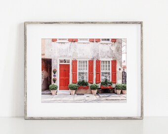 Charleston Charming Windows & Doors Wall Art Decor Print or Canvas. Red and Beige Rustic Charleston Architecture Photography Wall Art.