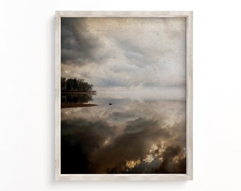 Moody Lake Landscape Wall Art Decor with Neutral Tones and Vintage Textures. Vintage Transitional Waterscape Wall Art Print and Canvas.