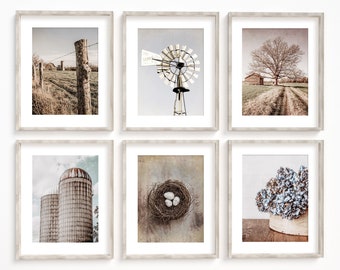 Rustic Farmhouse Wall Art Decor with Neutral Tones. Beige & Gray Blue Set of 6 Country Barn Landscape Art Prints. Gallery Wall Print Set.