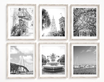 Charleston Wall Art Print or Canvas Set. Black & White Charleston Gallery Art Prints featuring the Pineapple Fountain and the Battery Oaks.