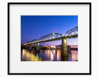 Colorful Chattanooga Wall Art Print or Canvas. Walnut St. Bridge and Tennessee River at Dusk Photography Print. Custom Framed Art Print.