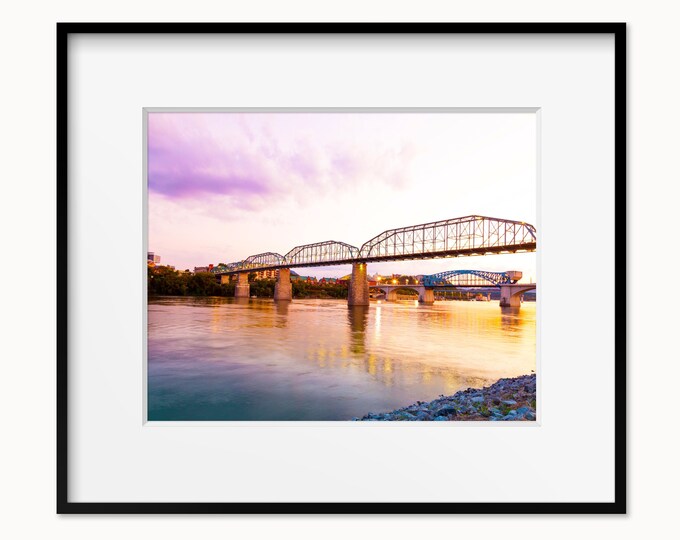 Chattanooga Wall Art Print or Canvas Print. Colorful Sunset on the Tennessee River featuring the Walnut St. & Market St. Bridges Photography