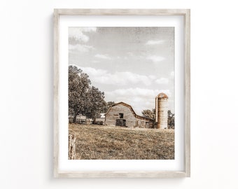 Barn Landscape Wall Art Print or Canvas. Rustic Barn with Muted Tones for Modern Farmhouse or Country Cottage Decor. Large Barn Canvas Art.