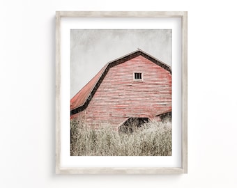 Modern Farmhouse Barn Landscape Wall Art Print or Canvas. Weathered Red Barn Print for Country Cottage Decor. Minimal Barn Landscape Art.