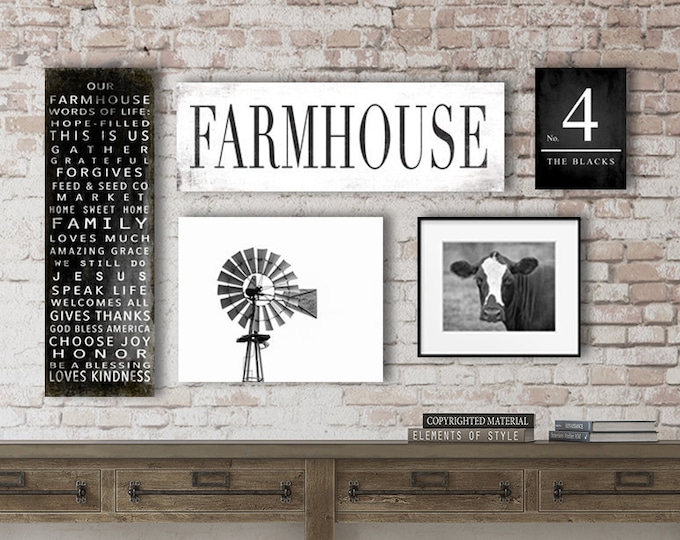 Farmhouse Gallery Wall, Personalized Farmhouse Signs, Large Canvas Art, Asymmetrical, Family Farmhouse Sign, Custom Sign, Windmill, Cow Art