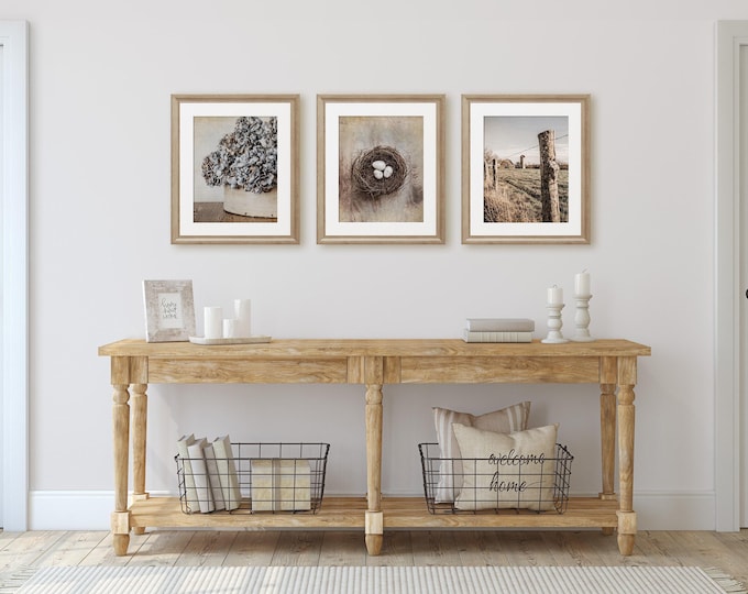 Beige Country Wall Art Decor, Set of 3, Blue Gray Farm Photography Prints, Rustic Home Decor, Canvas, Wood and Metal Prints Available