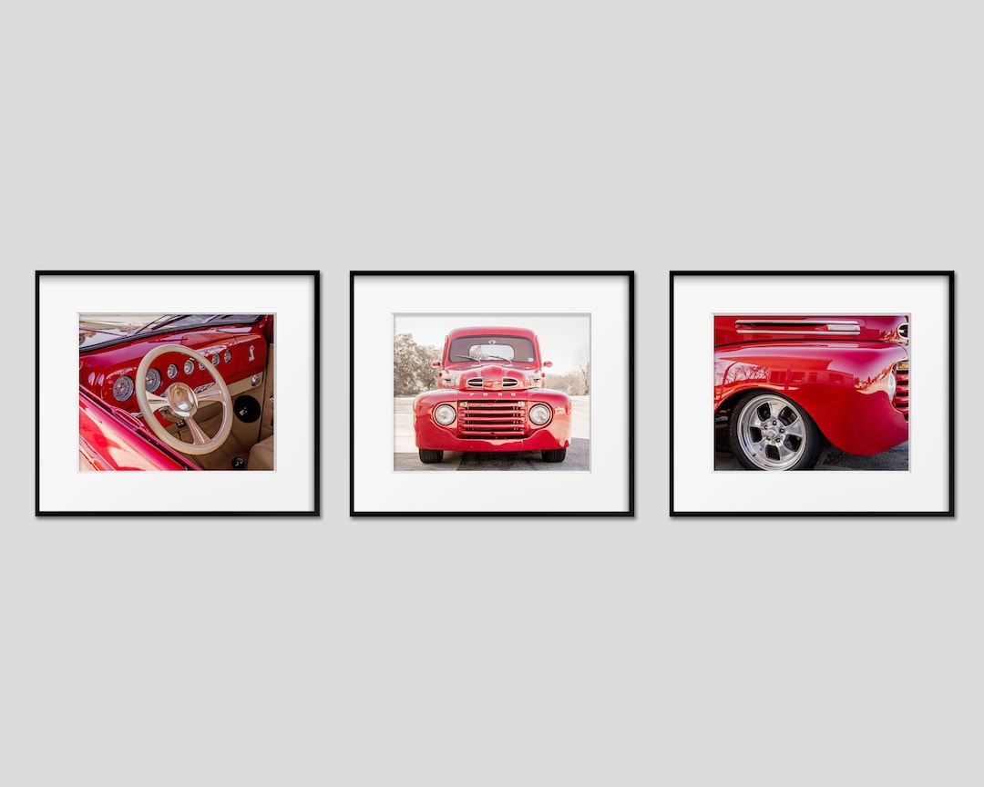 Vintage Truck Wall Art Print or Canvas Decor. Red Ford Truck